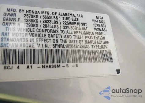 2004 Honda Odyssey Lx из США, поврежденный, VIN 5FNRL18504B129349